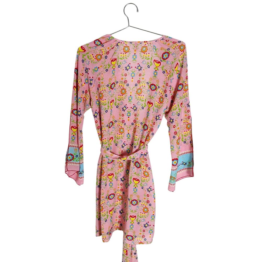 Josie Natori Pink Floral Wrap Robe Size M Boho Lightweight Belted - Picture 6 of 8